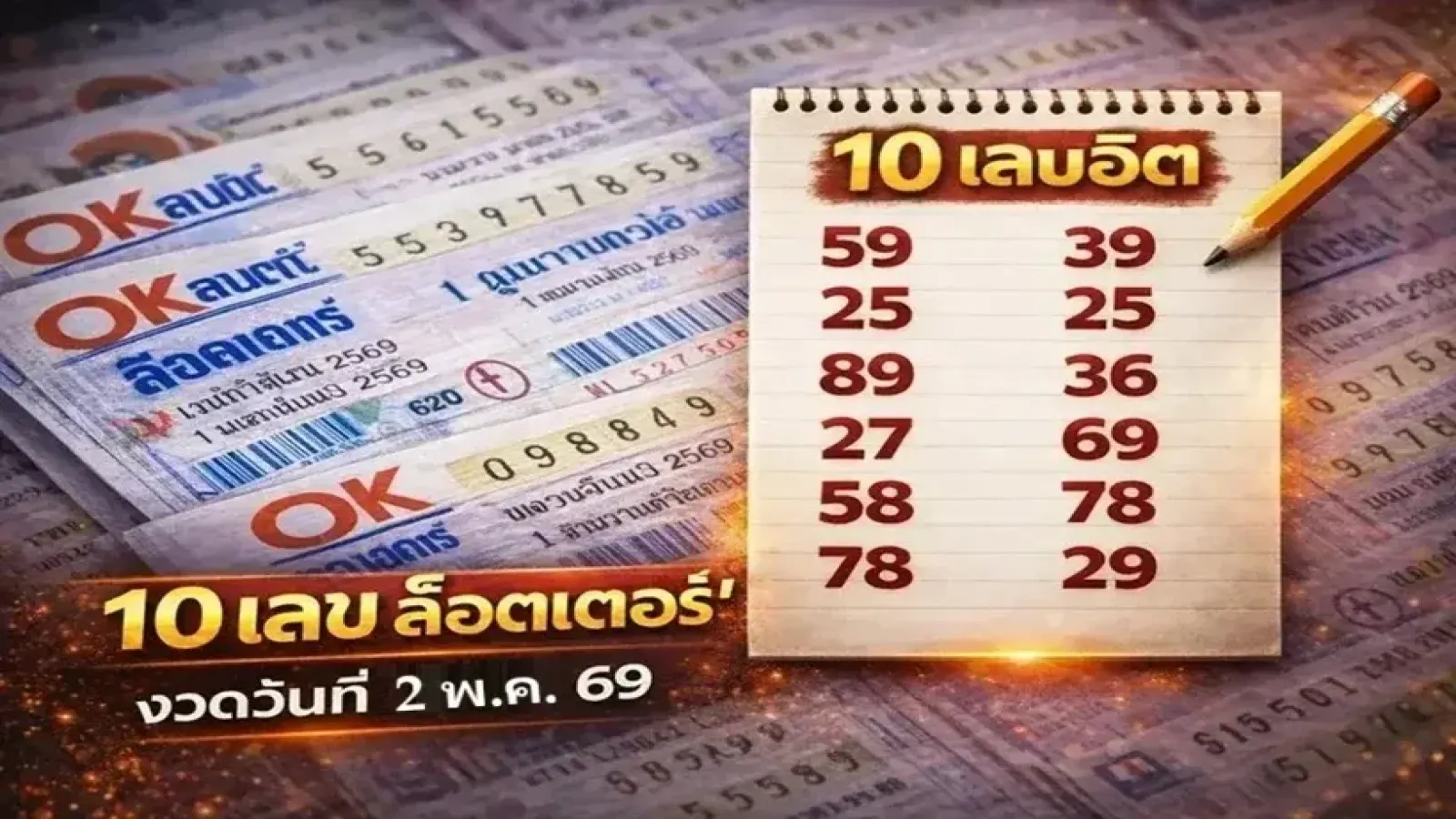 10 เลขฮิต "OK ล็อตเตอรี่" งวดวันที่ 2 พฤษภาคม 69..ซื้อหวย รวยรับวันแรงงาน!!