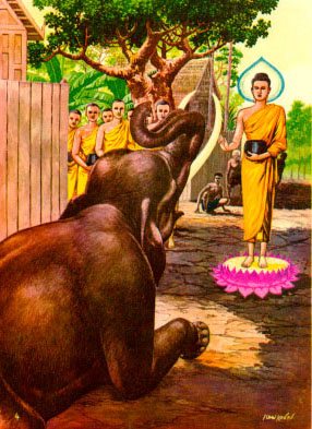 พระพุทธองค์แผ่เมตตาไปยังพญาช้างทำให้พญาช้างสงบ