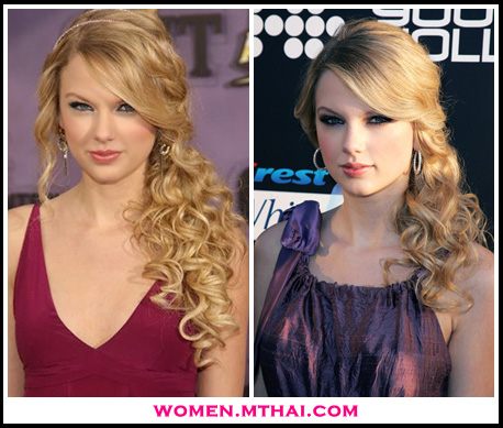 ทรงผมดัดมัดรวบแล้วปัดไปข้างหนึ่ง