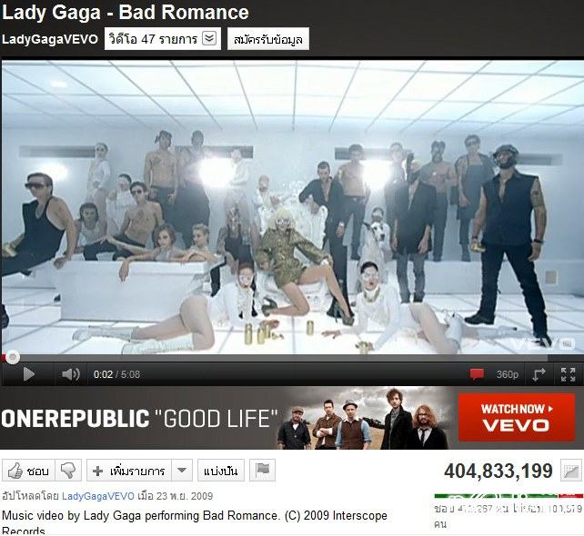 อันดับที่ 2 Lady Gaga - Bad Romance