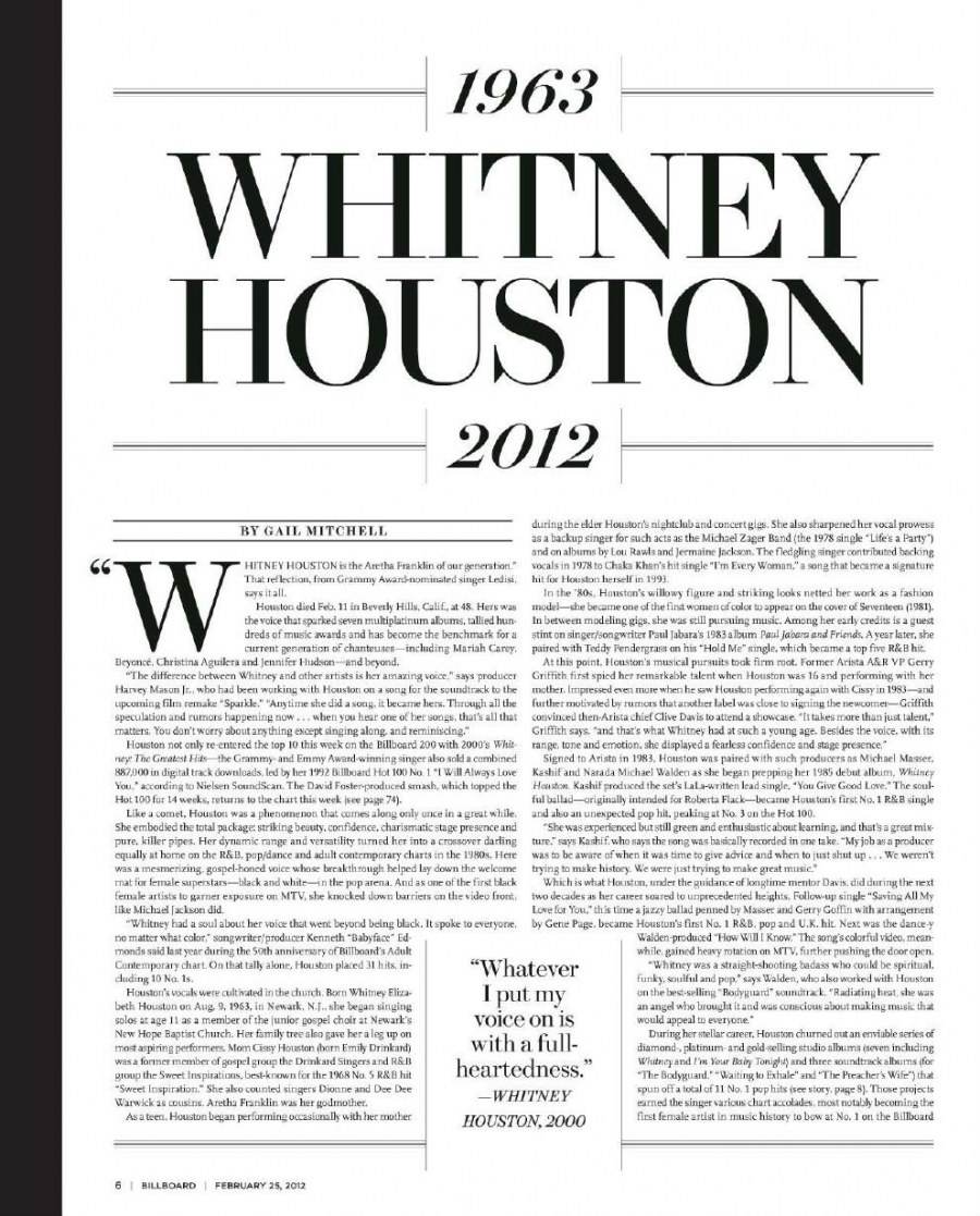 Whitney houston @ Billboard Magazine February 25, 2012