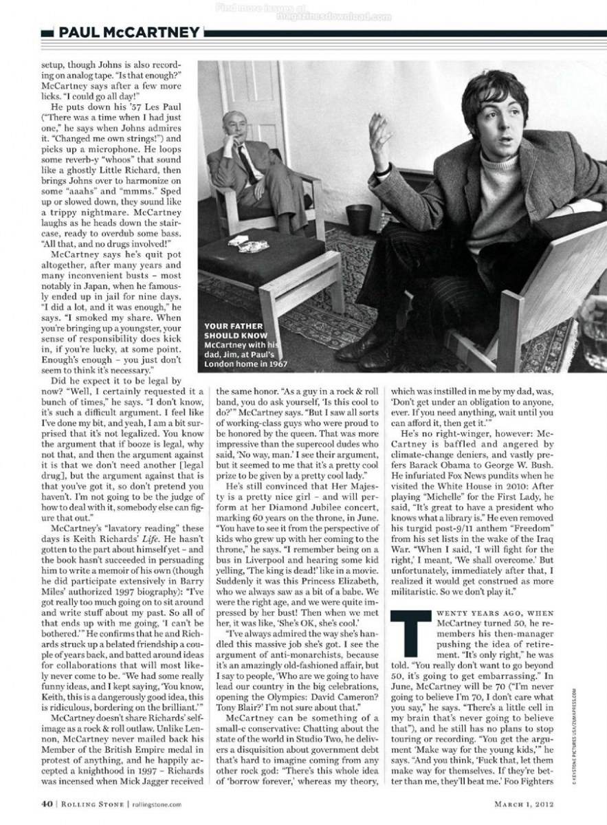 Sir Paul McCartney @ Rolling Stone issue 1151 March  2012