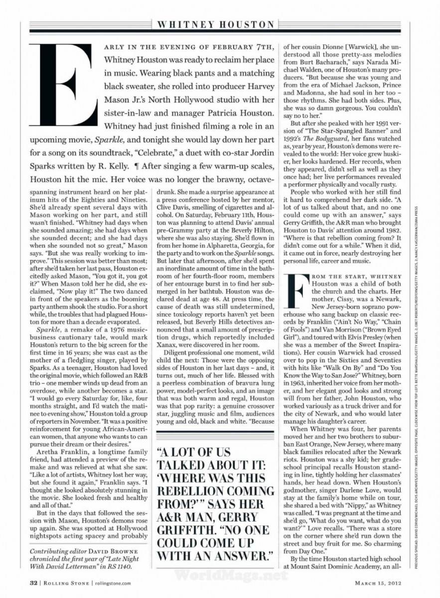 Whitney houston @ Rolling Stone issue 1152 March 2012