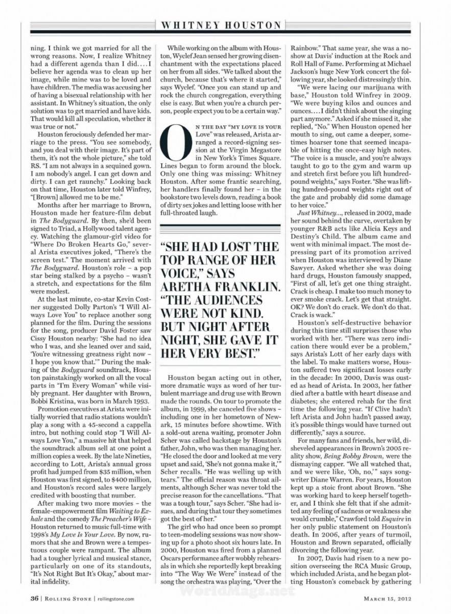 Whitney houston @ Rolling Stone issue 1152 March 2012