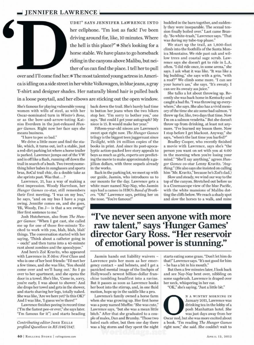 Jennifer lawrence @ Rolling Stone issue 1154 April 2012