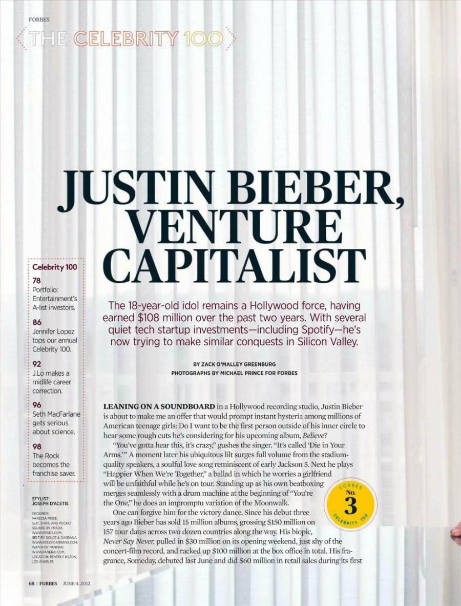 Justin Bieber & the celebrity 100 @ Forbes Magazine US June 2012