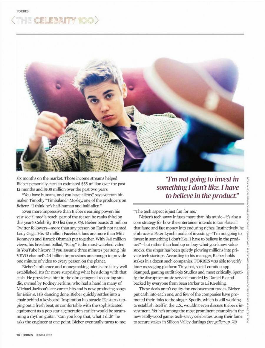 Justin Bieber & the celebrity 100 @ Forbes Magazine US June 2012