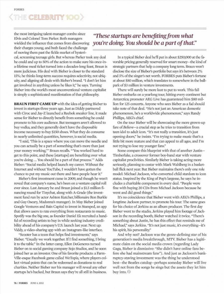 Justin Bieber & the celebrity 100 @ Forbes Magazine US June 2012