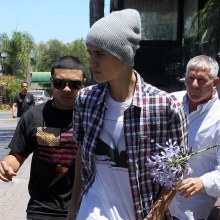 Justin leaving a sushi place in Encino today