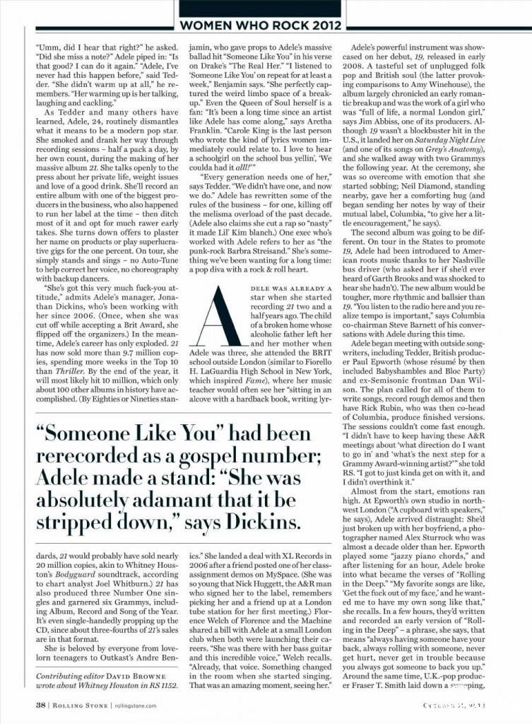 Adele @ Rolling Stone USA issue 1167 October 2012