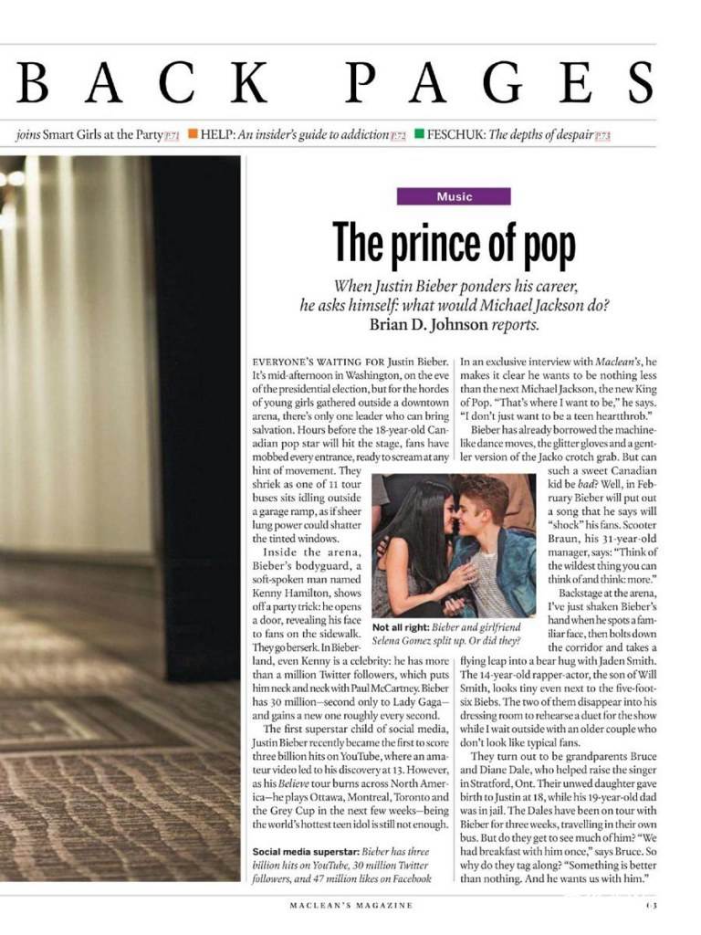 Justin Bieber @ Maclean's Magazine November 2012