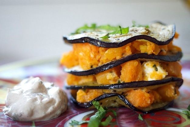 Aubergine Stacks with Pomegranate, Mint and Yoghurt Sauce