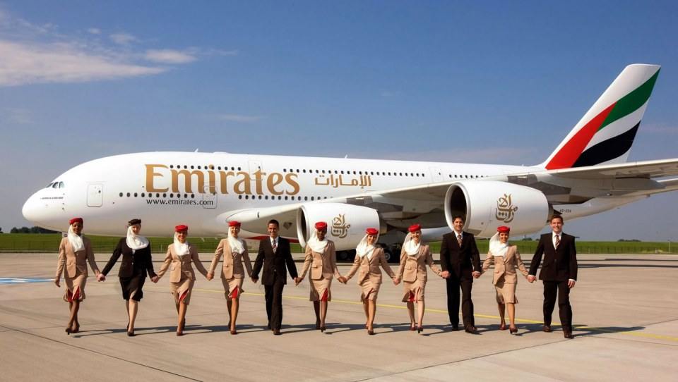 Emirates สายการบินชั้นนำของโลกที่มีฐานการบินอยู่ที่ Dubai กับชุดuniform สีครีม หมวกแดง ดูเรียบหรูและสง่างามแบบ world-class!!!