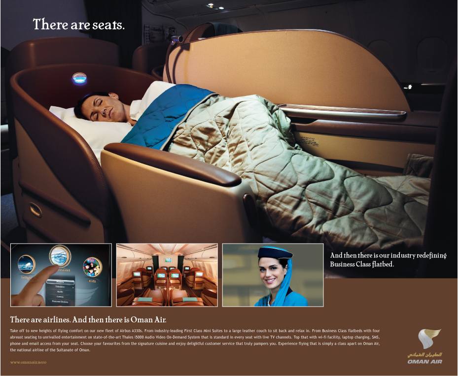 Oman Air สายการบินแห่งชาติโอมานกับ uniform สีฟ้าเรียบหรู และการตกแต่งภายในด้วยสีส้ม-ครีมอ่อนละมุนแต่ดูแข็งแกร่งหรูหราสบายตาเหมือนอยู่ในโรงแรมห้าดาว!!!