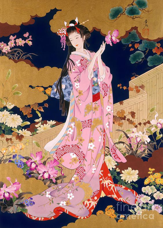 ภาพวาดสาวญี่ปุ่นในชุดกิโมโน