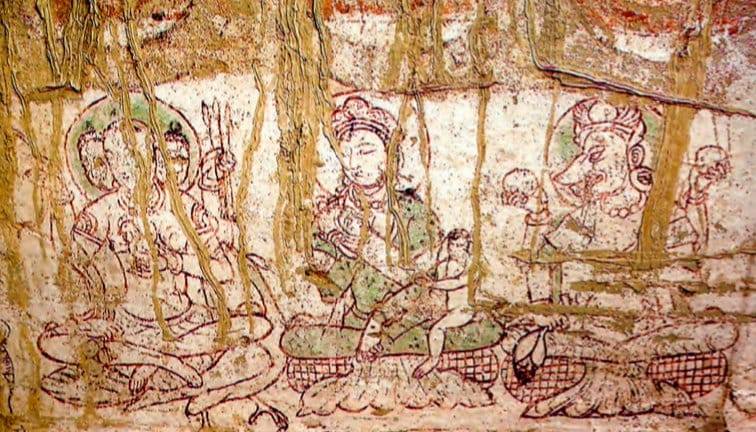 Lord Skanda (Karttikeya, or Murugan) , Goddess Shasthi and Goddess Varahi. , painting in Dandan Oiliq (Khotan) on Temple Wall. First millennium CE. , photo by fb. Swapnesh Sachan 23 09 2018