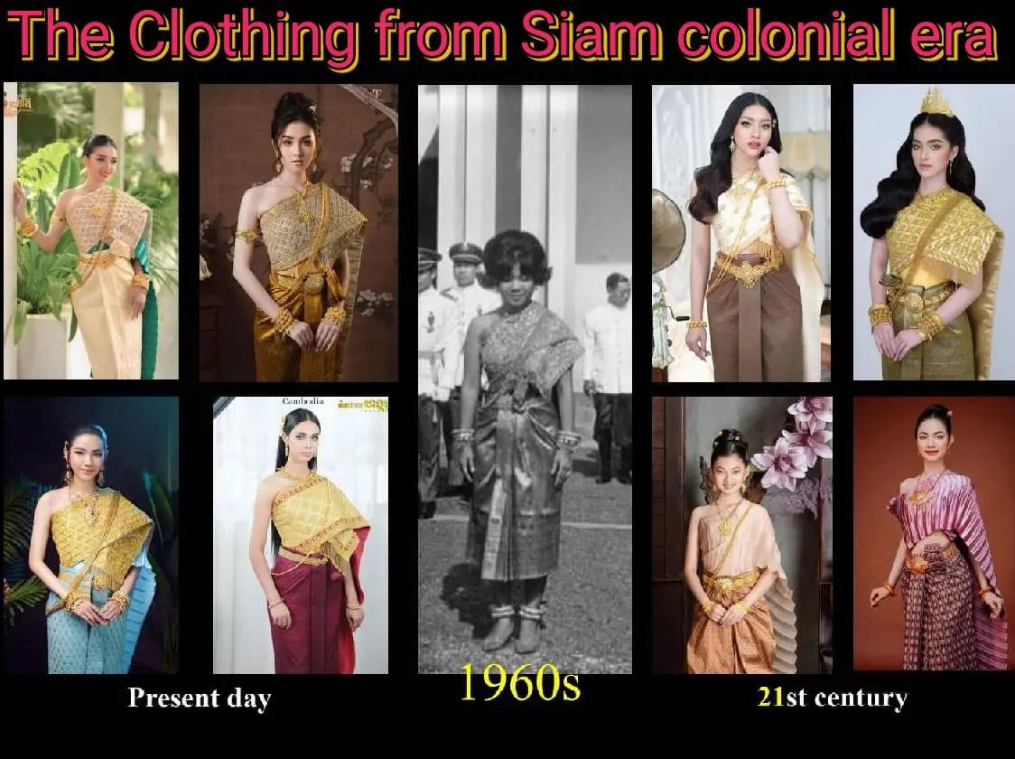 Cambodia history in Siam colonial era.เครื่องแต่งกายราชสำนักกัมพูชา: Khmer sbai: Cambodia costume