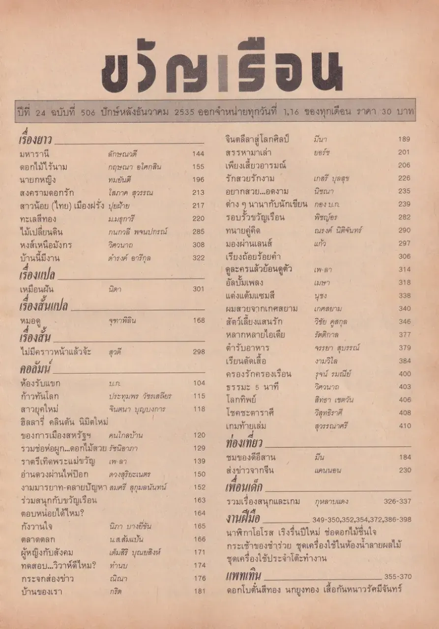 (วันวาน) นิตยสาร ขวัญเรือน ปีที่ 24 ฉบับที่ 506 ปักษ์หลัง ธันวาคม 2535
