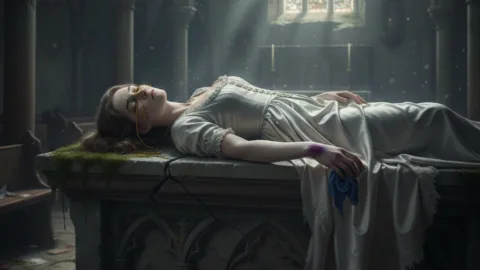 ในโบสถ์ร้าง กลิ่นกำยานผสมกับกลิ่นคาวเลือดลอยมาเตะจมูกคุณ บนแท่นบูชาคุณพบศพหญิงสาวถูกเย็บตาด้วยด้ายสีทอง มีรอยรัดสีม่วงเข้มที่ข้อมื่อเหยื่อ แต่ที่น่าแปลกคือ "แป้งผัดหน้าขาว" ยังเรียบเนียนและไม่หลุดลอก