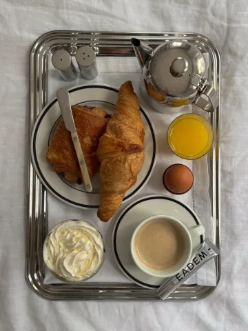 Croissant, coffee, chocolate break, egg, creamcheese