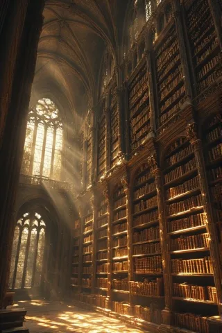 ห้องสมุดเก่าขนาดยักษ์ที่มีแสงแดดรำไรส่องลงมา