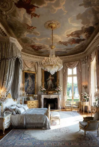 Elegant with a chandelier and painted roof.