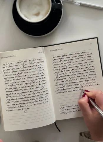 Writing journal while drinking tea.