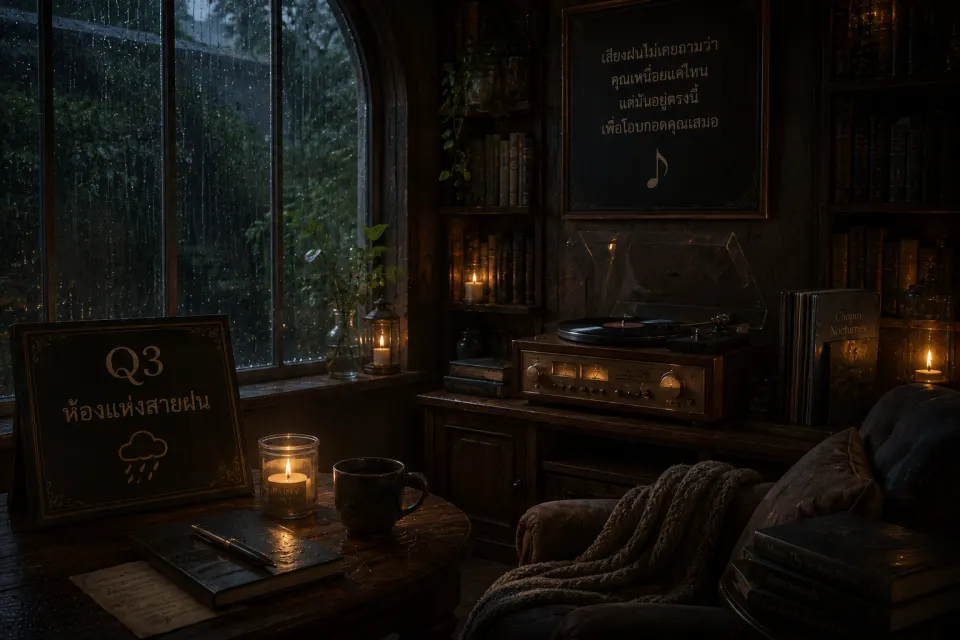 Q3 &mdash; ห้องแห่งสายฝน 🌧️ คุณพบห้องหนึ่งที่มีเพียงเสียงฝนกับเครื่องเล่นเพลง วันนี้คุณเหนื่อยและรู้สึกตึงเครียด คุณอยากให้ดนตรีช่วยเรื่องใด?