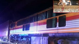 หวิดดับ!! วินมอเตอร์ไซด์เมาล้มกลางรางรถไฟ...