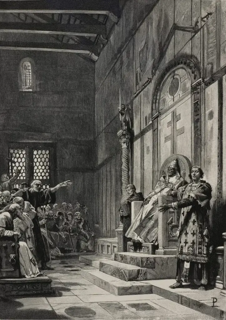 Cadaver Synod: The Cadaver Synod, 897, engraving from the Middle Ages, 1892, by Francesco Bertolini, with illustrations by Lodovico Pogliaghi. Discovery.
