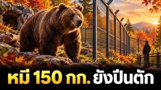 ลูกหมีที่ชายคนหนึ่งช่วยไว้ โตหนัก 150 กิโลฯ แต่ยังพยายามนั่งตักเขา