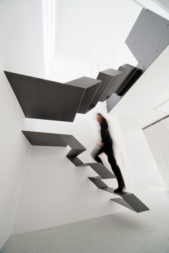 black and white floating staircase รวม10แบบไอเดียทำบันไดบ้านสุดเจ๋ง