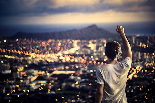 back, bokeh, boy, city, hello world, lights