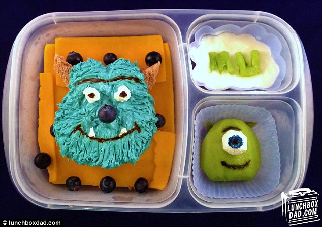 Munchable movie: Sully and Mike from Monsters University are made from blue-dyed cream cheese and a kiwi