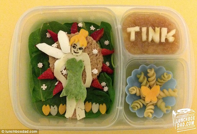 Fairy fun: Tinkerbell from Peter Pan was made with white cheese for her body, a seaweed wrap for her dress and cheddar cheese for her blonde hair