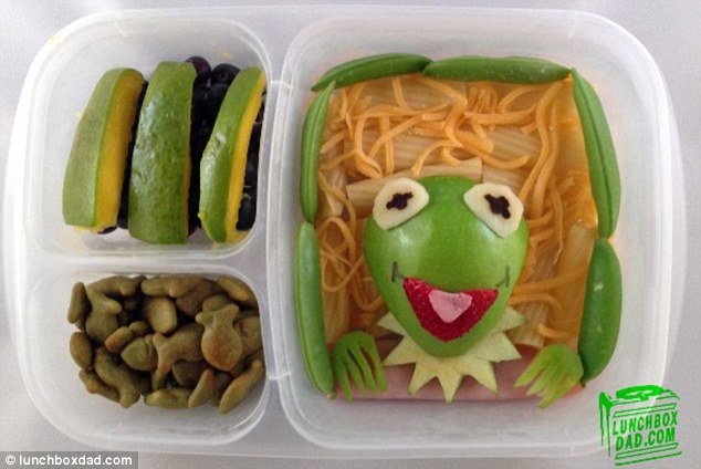 Creative: A festive Muppets-inspired meal uses an apple slice for Kermit the frog's face, banana for his eyes and a strawberry and lunch meat for his mouth and tongue