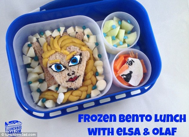 Appetizing art: Beau Coffron, a San Francisco-based father-of-three, creates edible masterpieces each day for his kids to bring to school - like this Frozen-themed sandwich box