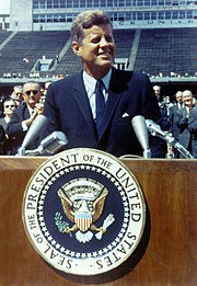 President John F. Kennedy delivers a speech at Rice University on the subject of the American space program, September 12, 1962.