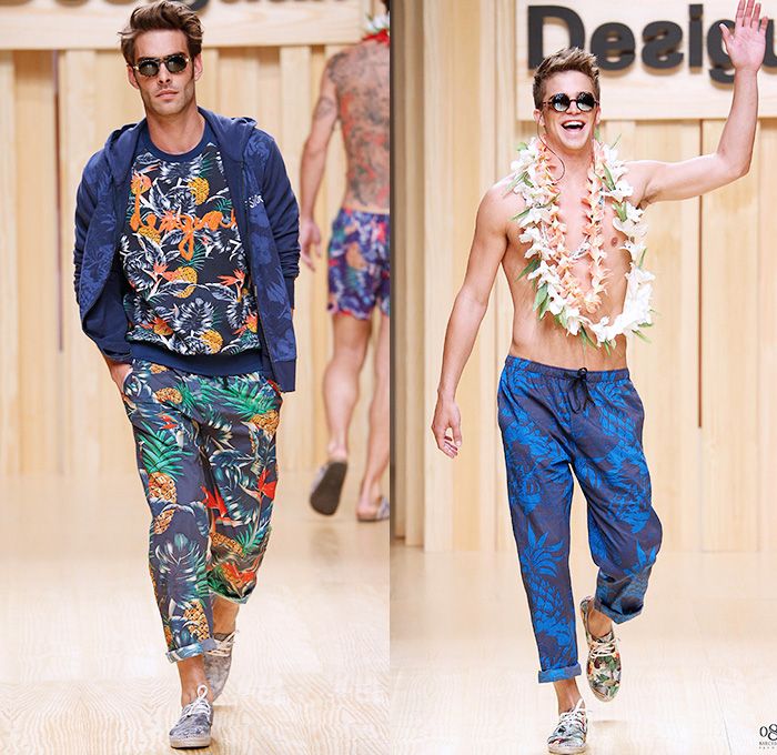 Desigual 2015 Spring Summer Mens Runway Catwalk Looks - 080 Barcelona Fashion Catalonia Catalan Spain - Printed Denim Jeans Tropical Palm Trees Leaves Foliage Pineapple Parrot Graffiti Drawings Henley Shirt Tourist Traveler Duffel Bag Graphic Print Pattern Pop Art Fish Flowers Florals Stripes Beach Vacation Outerwear Blazer Shorts Hawaiian Leis Sandals Field Jacket Fanny Pack Beltbag Waist Pouch Manskirt Kilt Pau Lauhala Fruits Mermaid Plaid