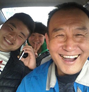 Smile: Passengers pose with phones and balloons in a couple of the thousands of selfie photos Uncle Teng has gathered