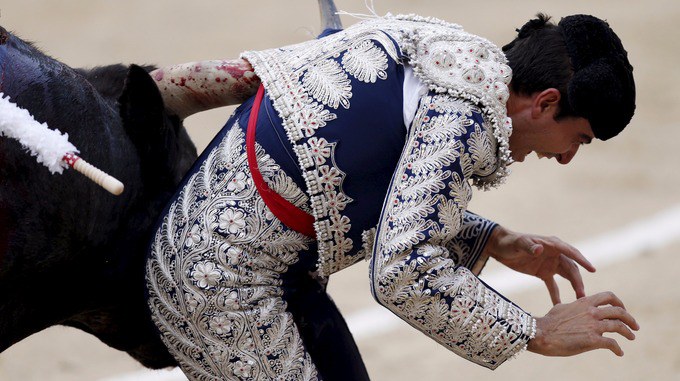 Banderillero Marco Galan was tackled by the bull in Madrid on Sunday