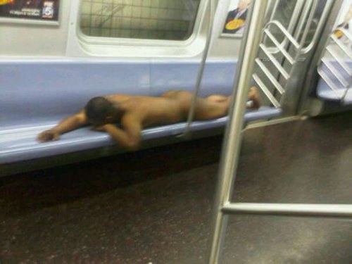 Naked man sleeping on subway