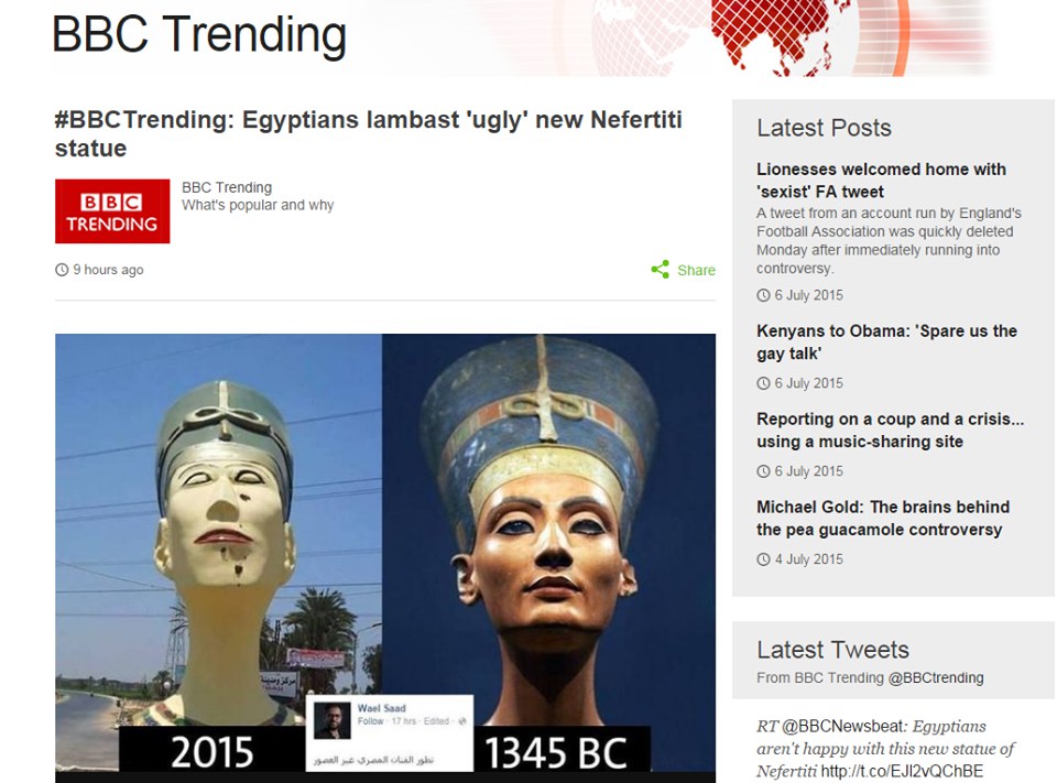 สังคมออนไลน์อียิปต์บ่นกันระนาว ศิลปินท้องถิ่นทำรูปปั้นราชินีเนเฟอร์ติติเสียโฉม