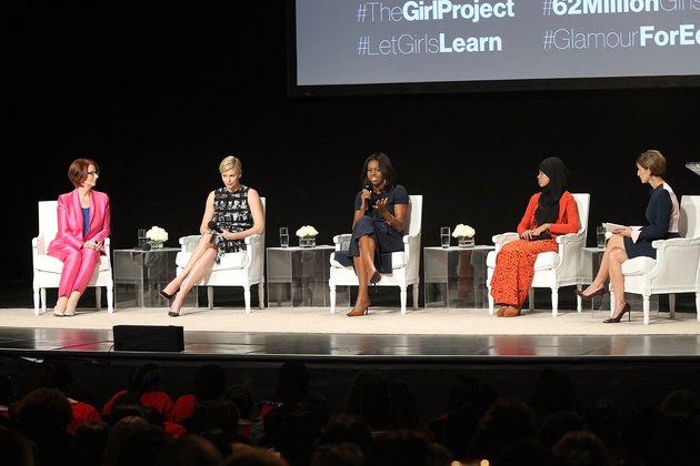 NEW YORK, NY - SEPTEMBER 29:  (L - R) Julia Gillard, Charlize Theron, Michelle Obama, Nurfahada, and Cindi Leive attend "Let Girls Learn" Global Conversation at The Apollo Theater on September 29, 2015 in New York City.  (Photo by Bennett Raglin/WireImage)