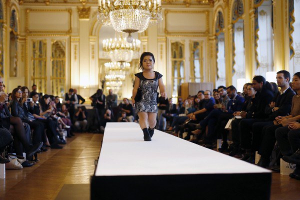 Models at the French Ministry of Culture during the dwarf fashion show in Paris.