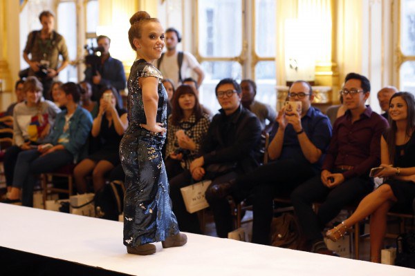 Models at the French Ministry of Culture during the dwarf fashion show in Paris.